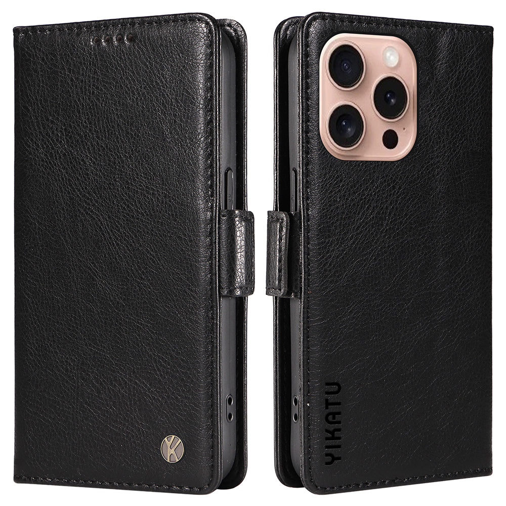 YIKATU YK-007 For iPhone 16 Pro Case Litchi Texture Leather Wallet Phone Cover Side Magnetic Clasp - Black