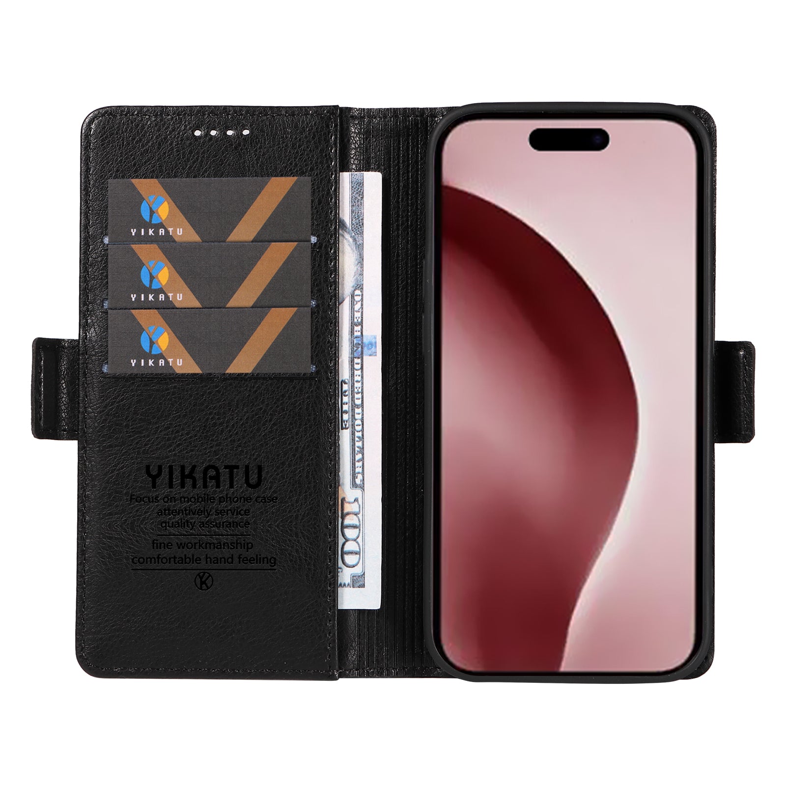 YIKATU YK-007 For iPhone 16 Pro Case Litchi Texture Leather Wallet Phone Cover Side Magnetic Clasp - Black