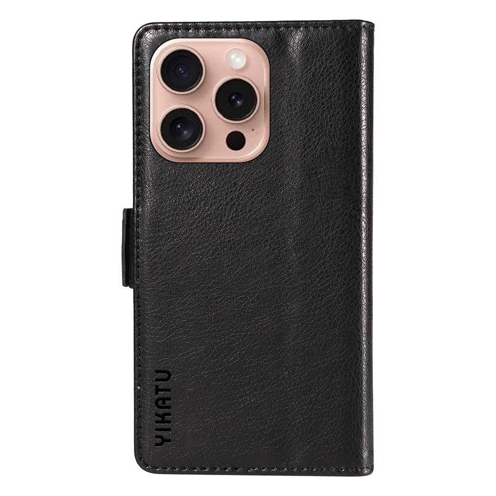 YIKATU YK-007 For iPhone 16 Pro Case Litchi Texture Leather Wallet Phone Cover Side Magnetic Clasp - Black