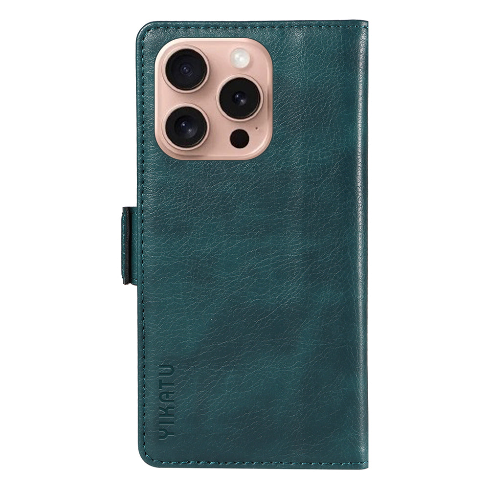 YIKATU YK-007 For iPhone 16 Pro Case Litchi Texture Leather Wallet Phone Cover Side Magnetic Clasp - Blue