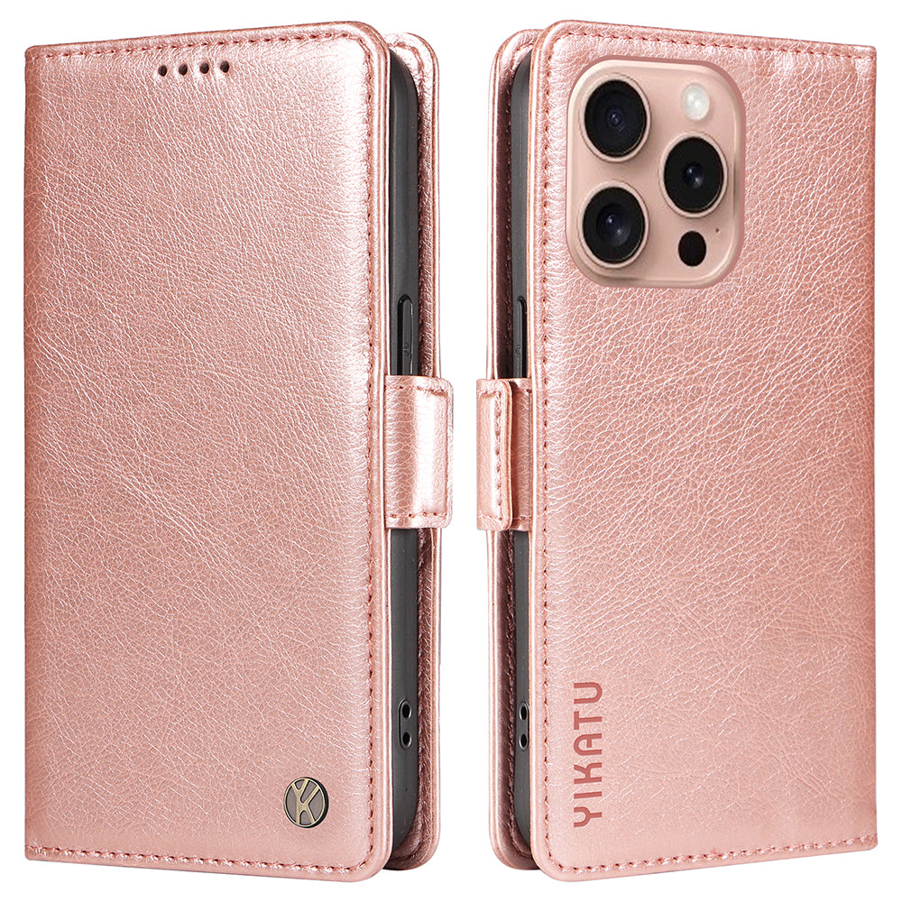 YIKATU YK-007 For iPhone 16 Pro Case Litchi Texture Leather Wallet Phone Cover Side Magnetic Clasp - Rose Gold