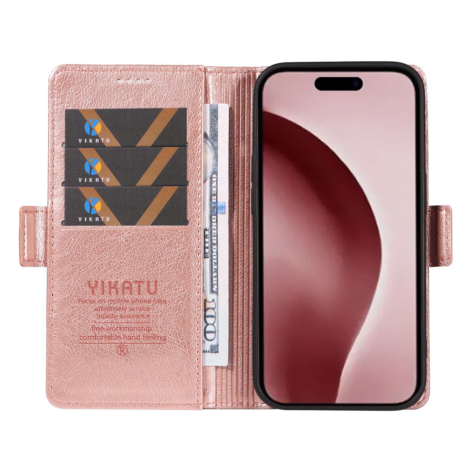 YIKATU YK-007 For iPhone 16 Pro Case Litchi Texture Leather Wallet Phone Cover Side Magnetic Clasp - Rose Gold