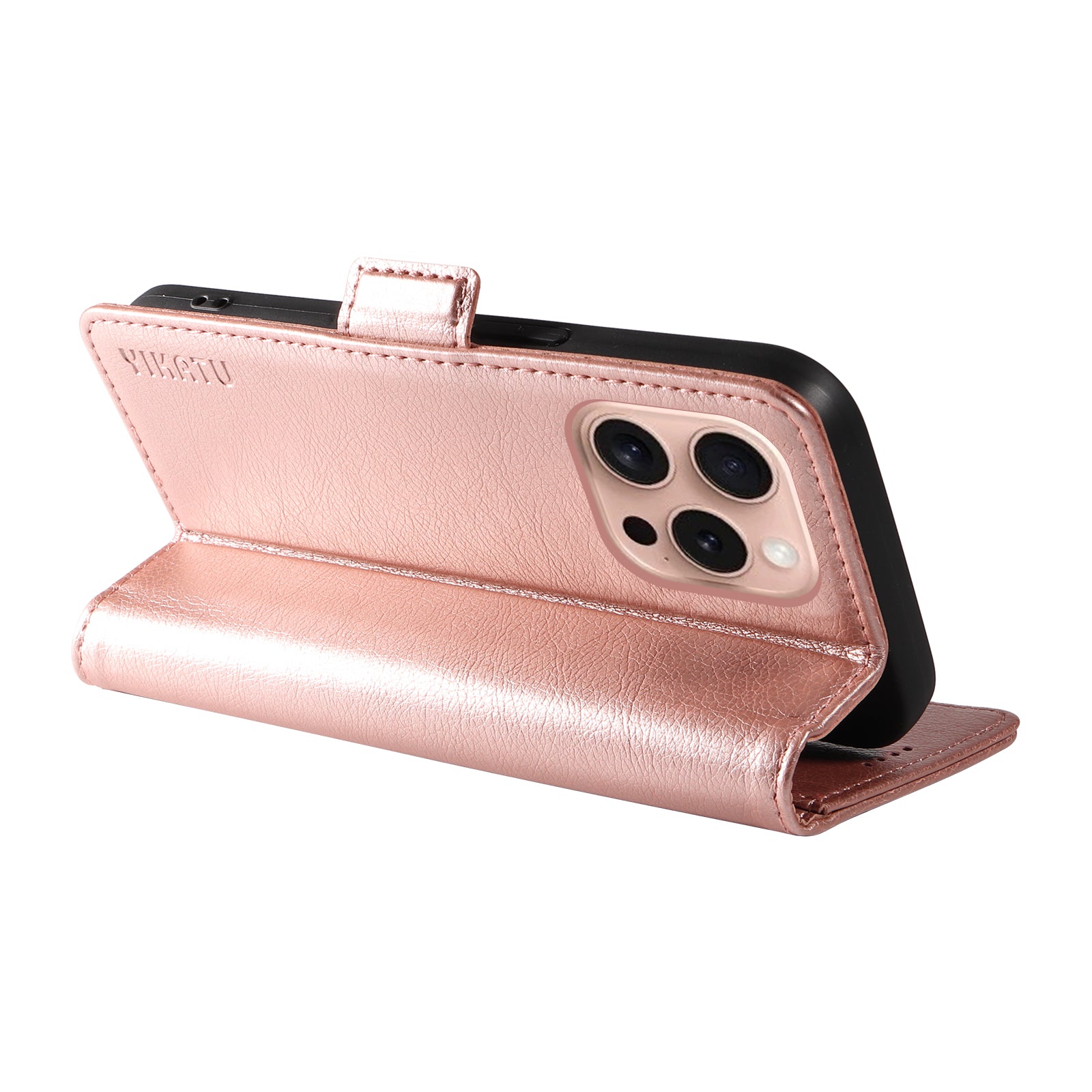 YIKATU YK-007 For iPhone 16 Pro Case Litchi Texture Leather Wallet Phone Cover Side Magnetic Clasp - Rose Gold