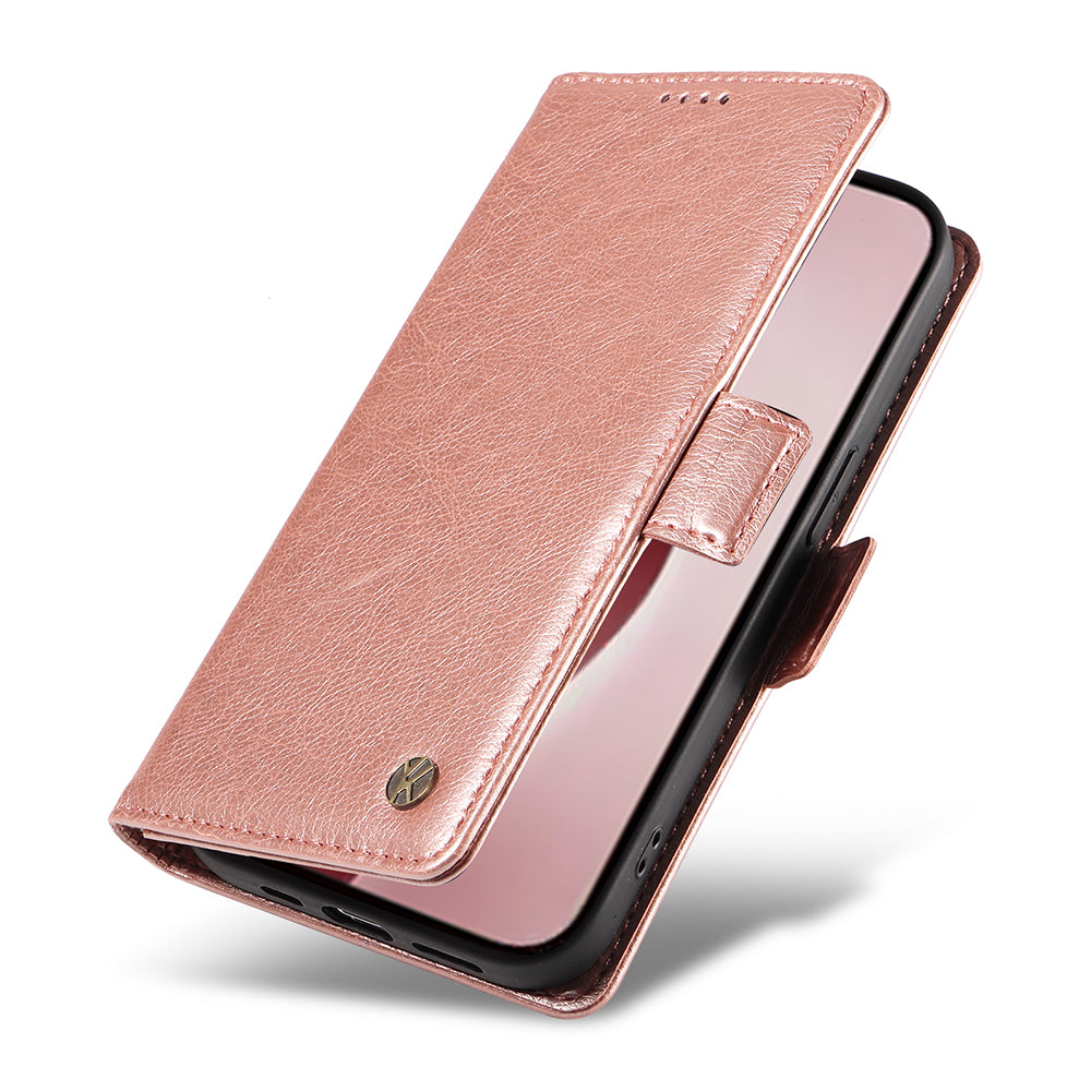 YIKATU YK-007 For iPhone 16 Pro Case Litchi Texture Leather Wallet Phone Cover Side Magnetic Clasp - Rose Gold