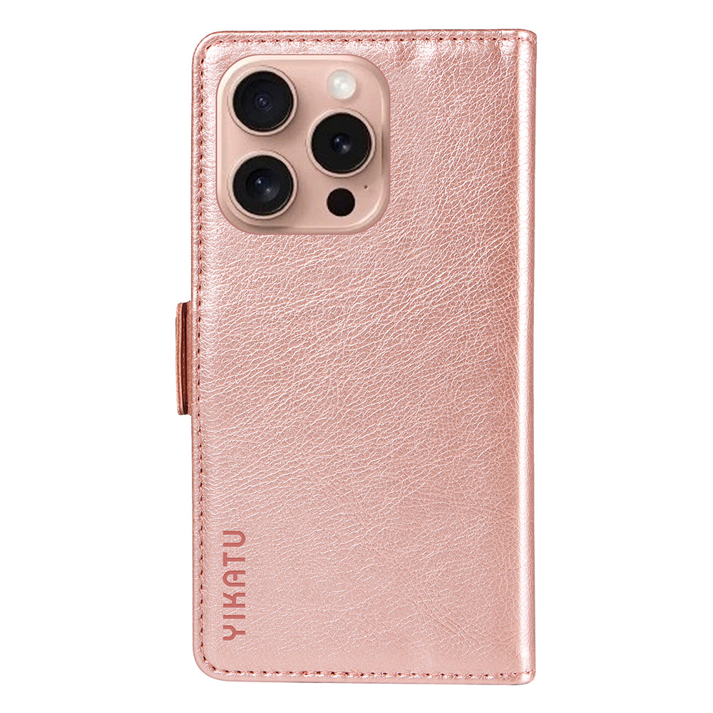 YIKATU YK-007 For iPhone 16 Pro Case Litchi Texture Leather Wallet Phone Cover Side Magnetic Clasp - Rose Gold