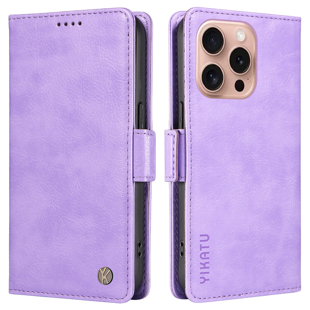 YIKATU YK-007 For iPhone 16 Pro Case Litchi Texture Leather Wallet Phone Cover Side Magnetic Clasp - Purple