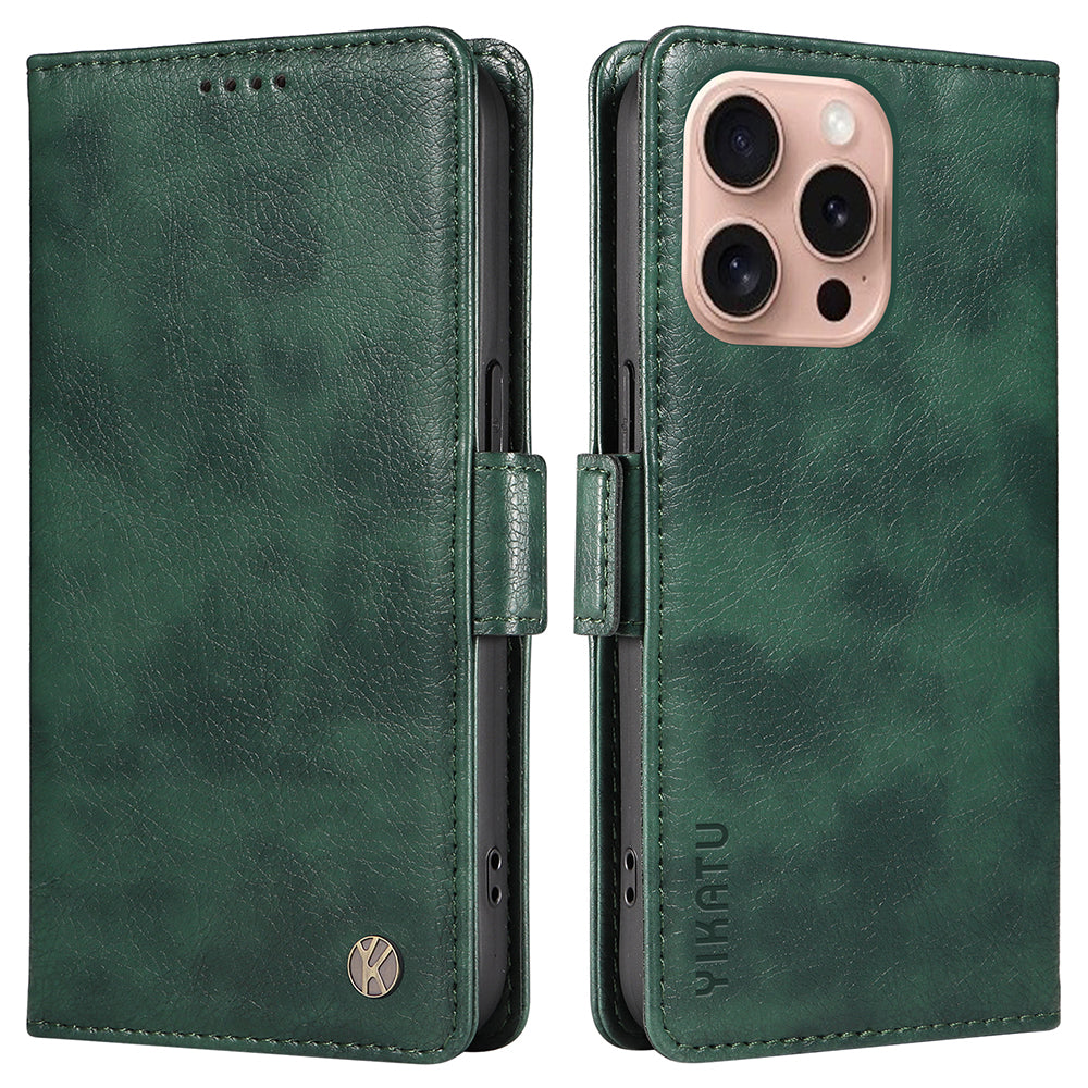 YIKATU YK-007 For iPhone 16 Pro Case Litchi Texture Leather Wallet Phone Cover Side Magnetic Clasp - Green