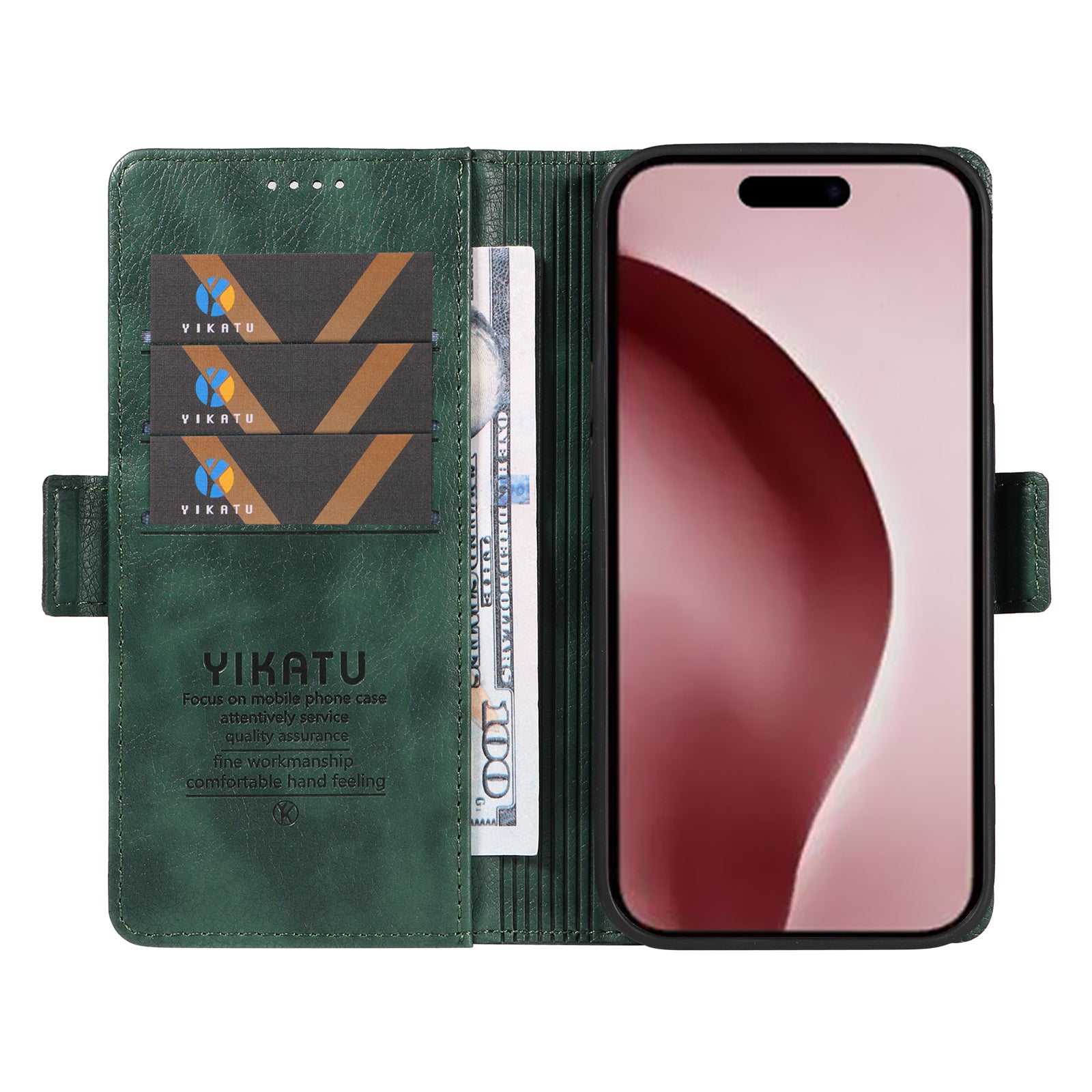 YIKATU YK-007 For iPhone 16 Pro Case Litchi Texture Leather Wallet Phone Cover Side Magnetic Clasp - Green