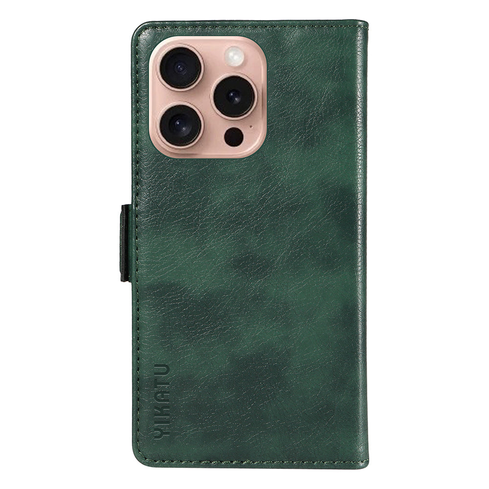 YIKATU YK-007 For iPhone 16 Pro Case Litchi Texture Leather Wallet Phone Cover Side Magnetic Clasp - Green