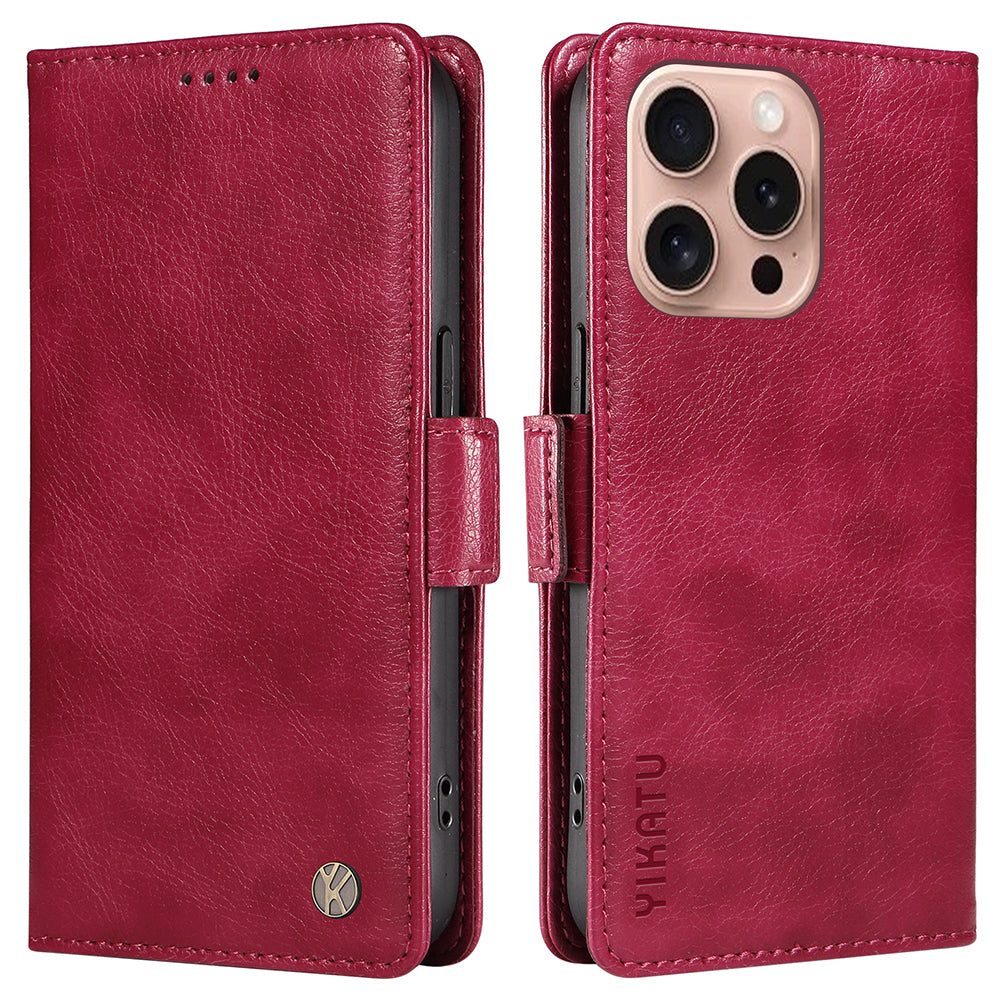 YIKATU YK-007 For iPhone 16 Pro Case Litchi Texture Leather Wallet Phone Cover Side Magnetic Clasp - Wine Red