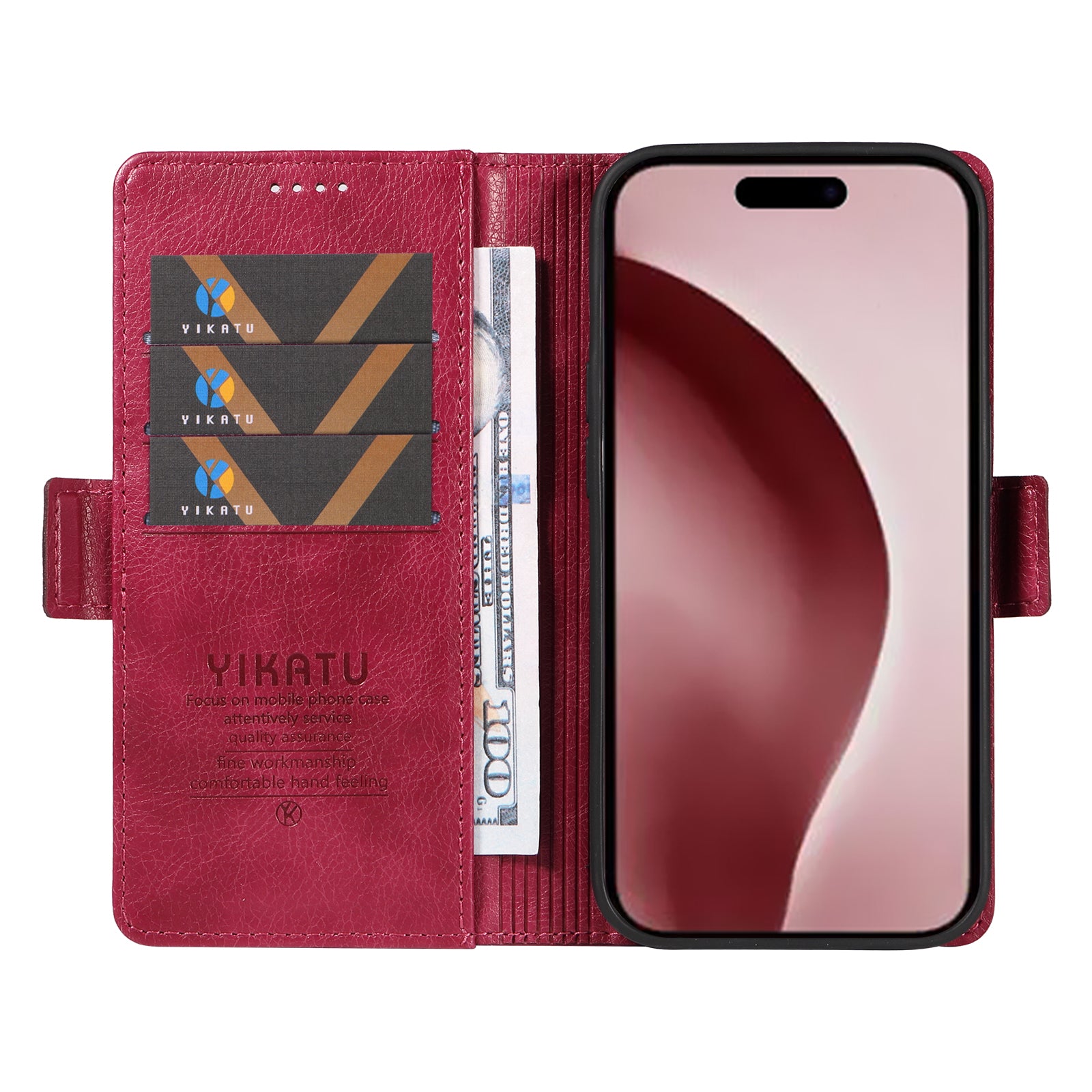 YIKATU YK-007 For iPhone 16 Pro Case Litchi Texture Leather Wallet Phone Cover Side Magnetic Clasp - Wine Red