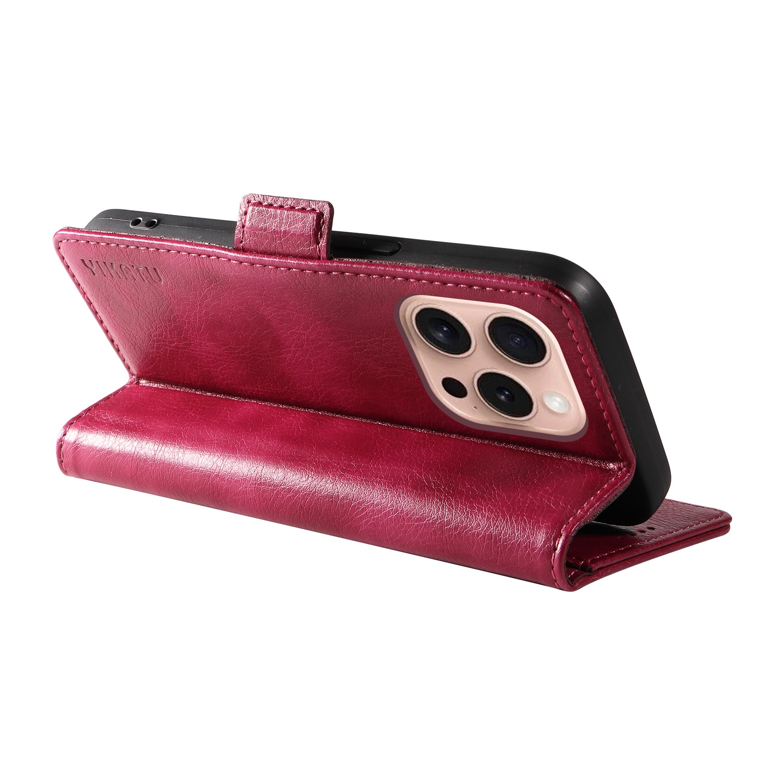 YIKATU YK-007 For iPhone 16 Pro Case Litchi Texture Leather Wallet Phone Cover Side Magnetic Clasp - Wine Red