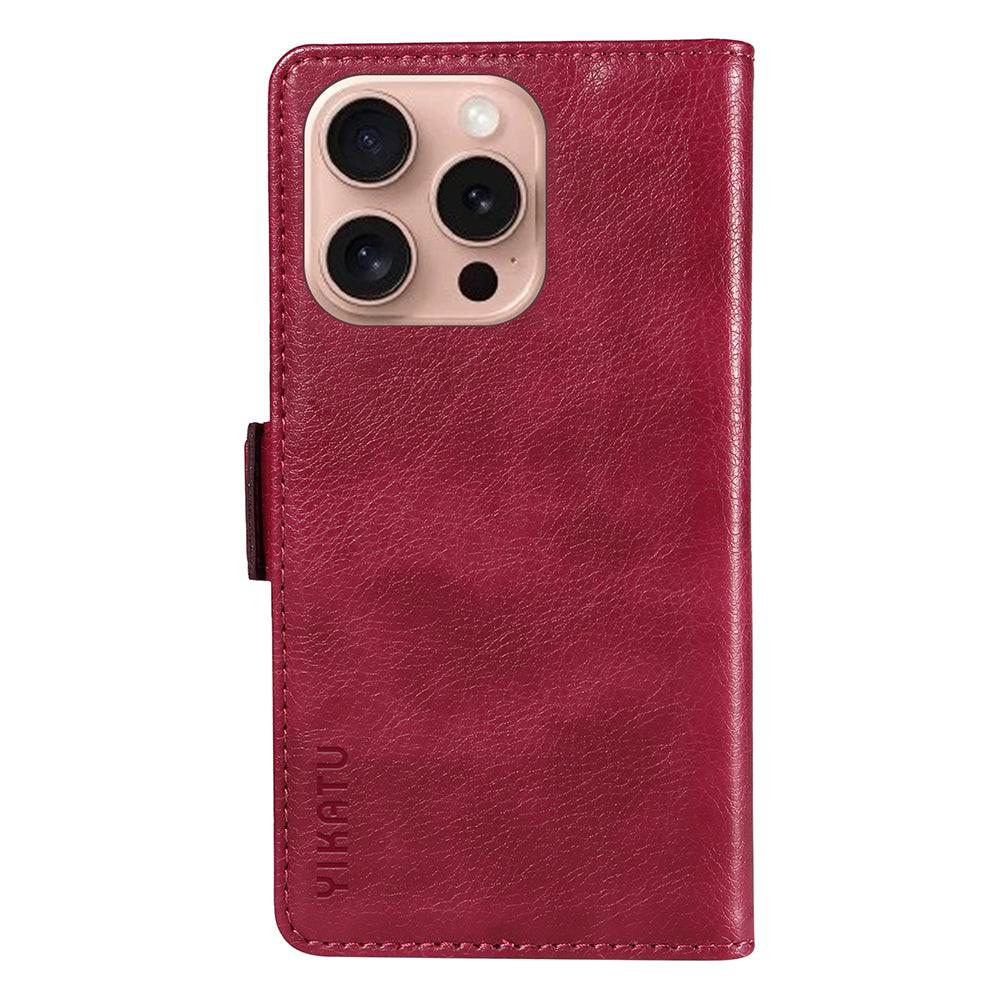 YIKATU YK-007 For iPhone 16 Pro Case Litchi Texture Leather Wallet Phone Cover Side Magnetic Clasp - Wine Red