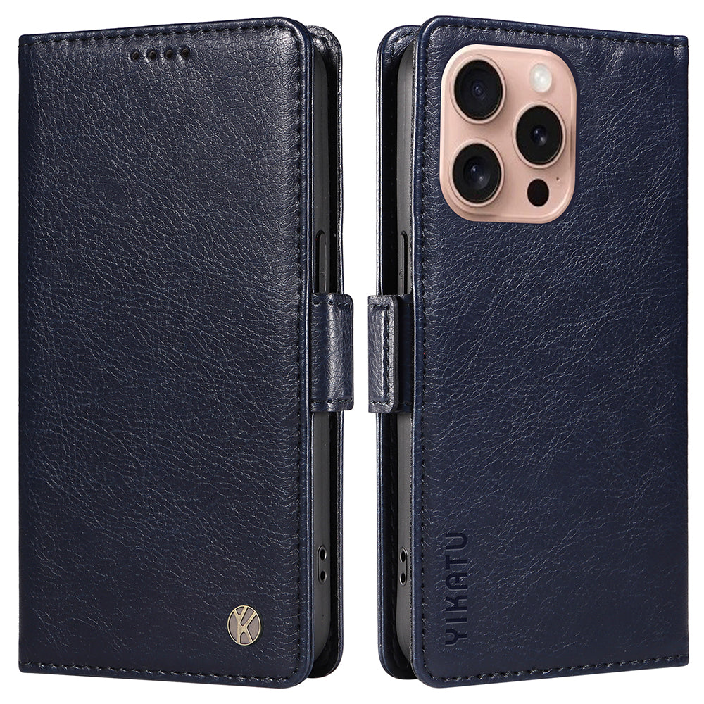 YIKATU YK-007 For iPhone 16 Pro Case Litchi Texture Leather Wallet Phone Cover Side Magnetic Clasp - Navy Blue