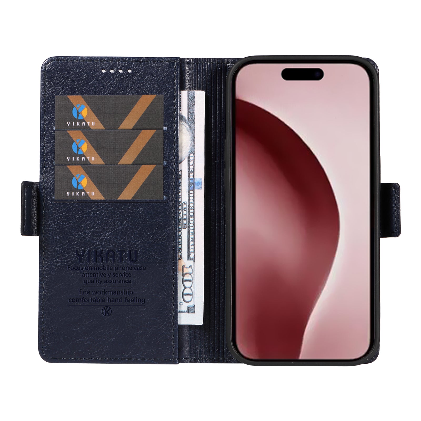 YIKATU YK-007 For iPhone 16 Pro Case Litchi Texture Leather Wallet Phone Cover Side Magnetic Clasp - Navy Blue