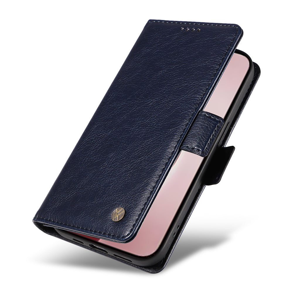 YIKATU YK-007 For iPhone 16 Pro Case Litchi Texture Leather Wallet Phone Cover Side Magnetic Clasp - Navy Blue