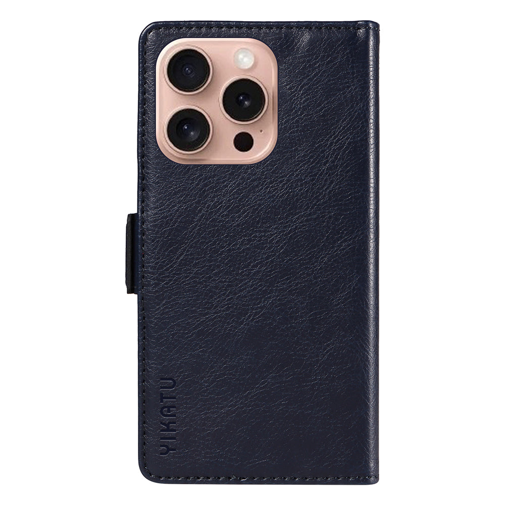 YIKATU YK-007 For iPhone 16 Pro Case Litchi Texture Leather Wallet Phone Cover Side Magnetic Clasp - Navy Blue