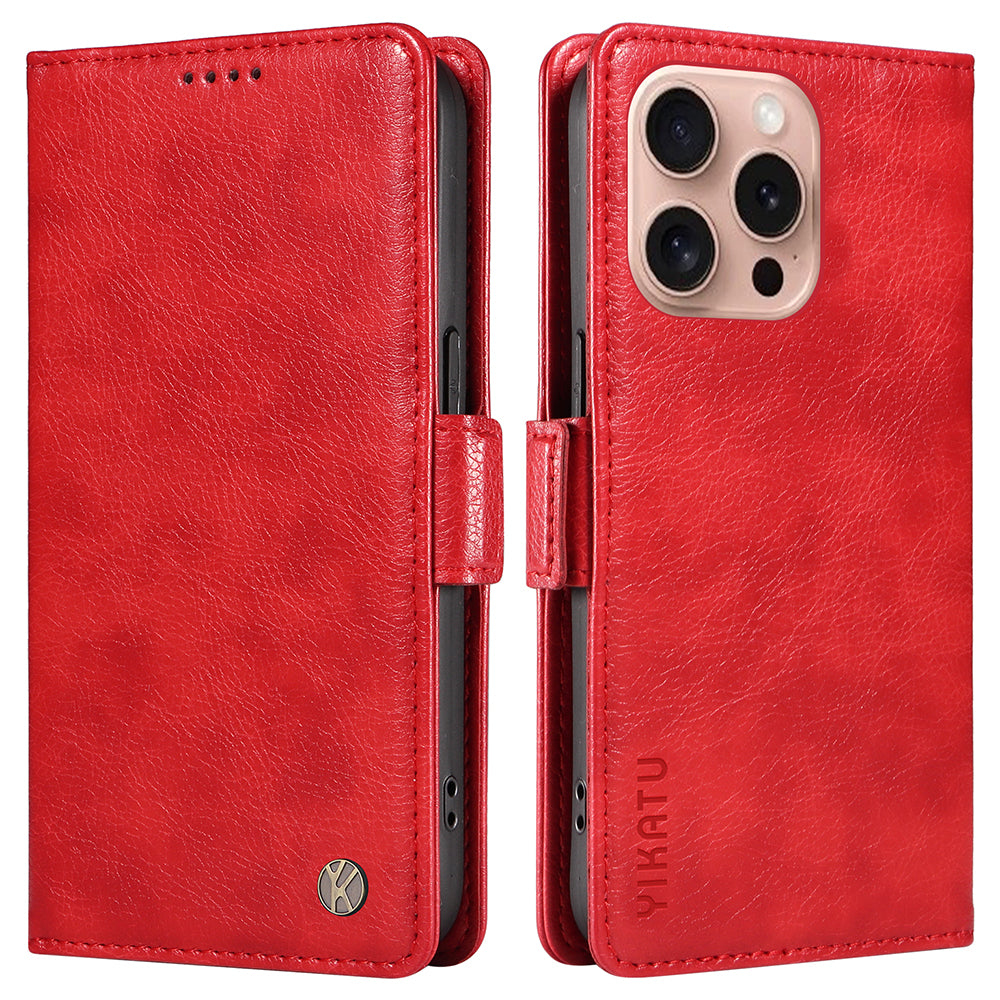 YIKATU YK-007 For iPhone 16 Pro Case Litchi Texture Leather Wallet Phone Cover Side Magnetic Clasp - Red