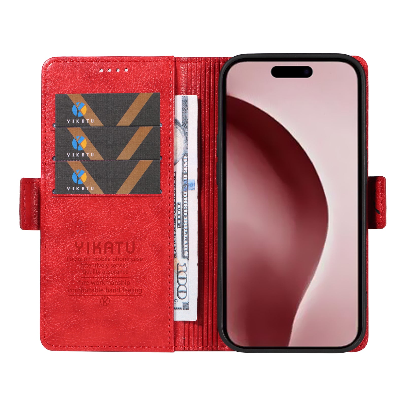 YIKATU YK-007 For iPhone 16 Pro Case Litchi Texture Leather Wallet Phone Cover Side Magnetic Clasp - Red