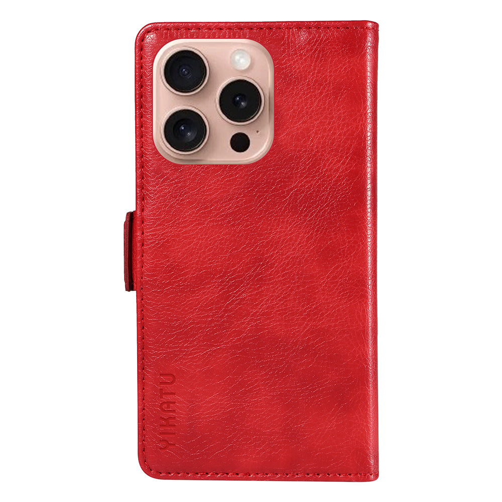 YIKATU YK-007 For iPhone 16 Pro Case Litchi Texture Leather Wallet Phone Cover Side Magnetic Clasp - Red