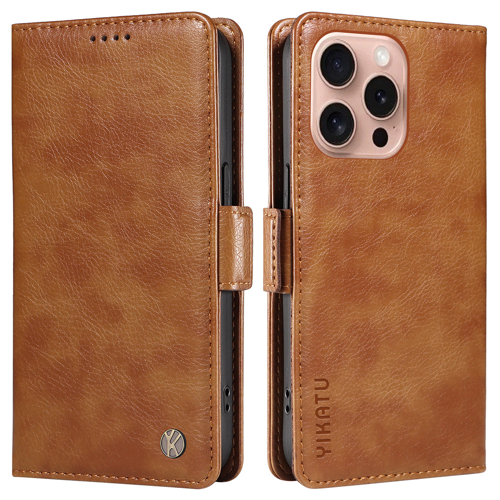 YIKATU YK-007 For iPhone 16 Pro Case Litchi Texture Leather Wallet Phone Cover Side Magnetic Clasp - Brown