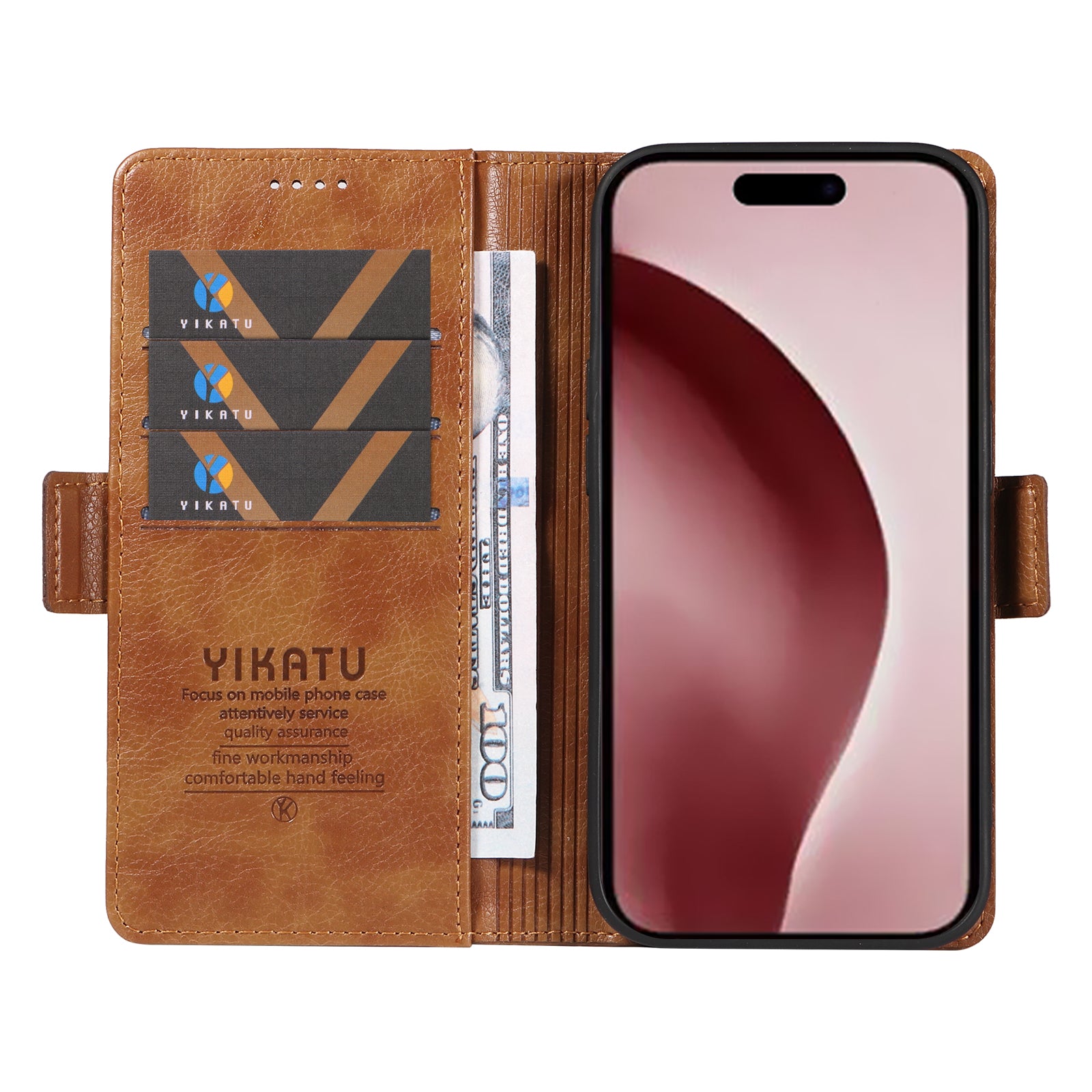 YIKATU YK-007 For iPhone 16 Pro Case Litchi Texture Leather Wallet Phone Cover Side Magnetic Clasp - Brown