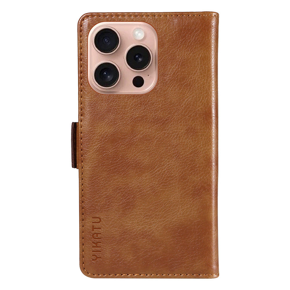 YIKATU YK-007 For iPhone 16 Pro Case Litchi Texture Leather Wallet Phone Cover Side Magnetic Clasp - Brown