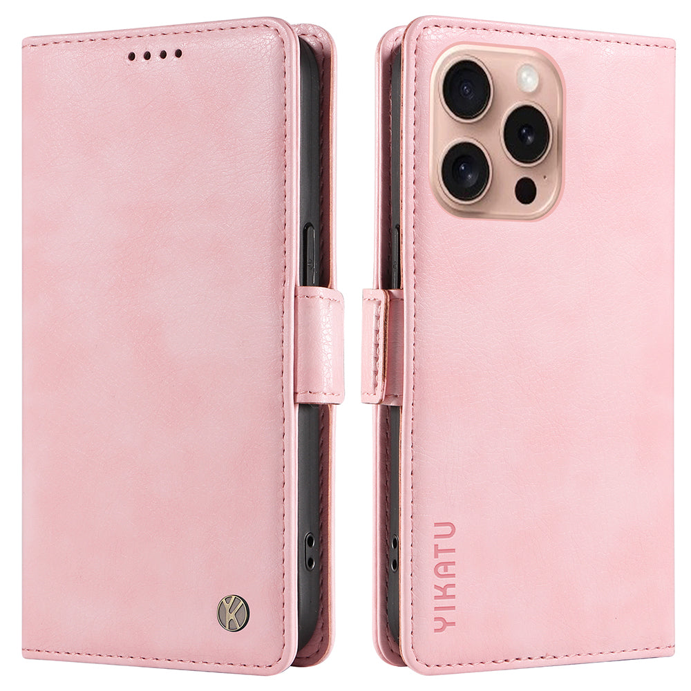 YIKATU YK-007 For iPhone 16 Pro Case Litchi Texture Leather Wallet Phone Cover Side Magnetic Clasp - Pink