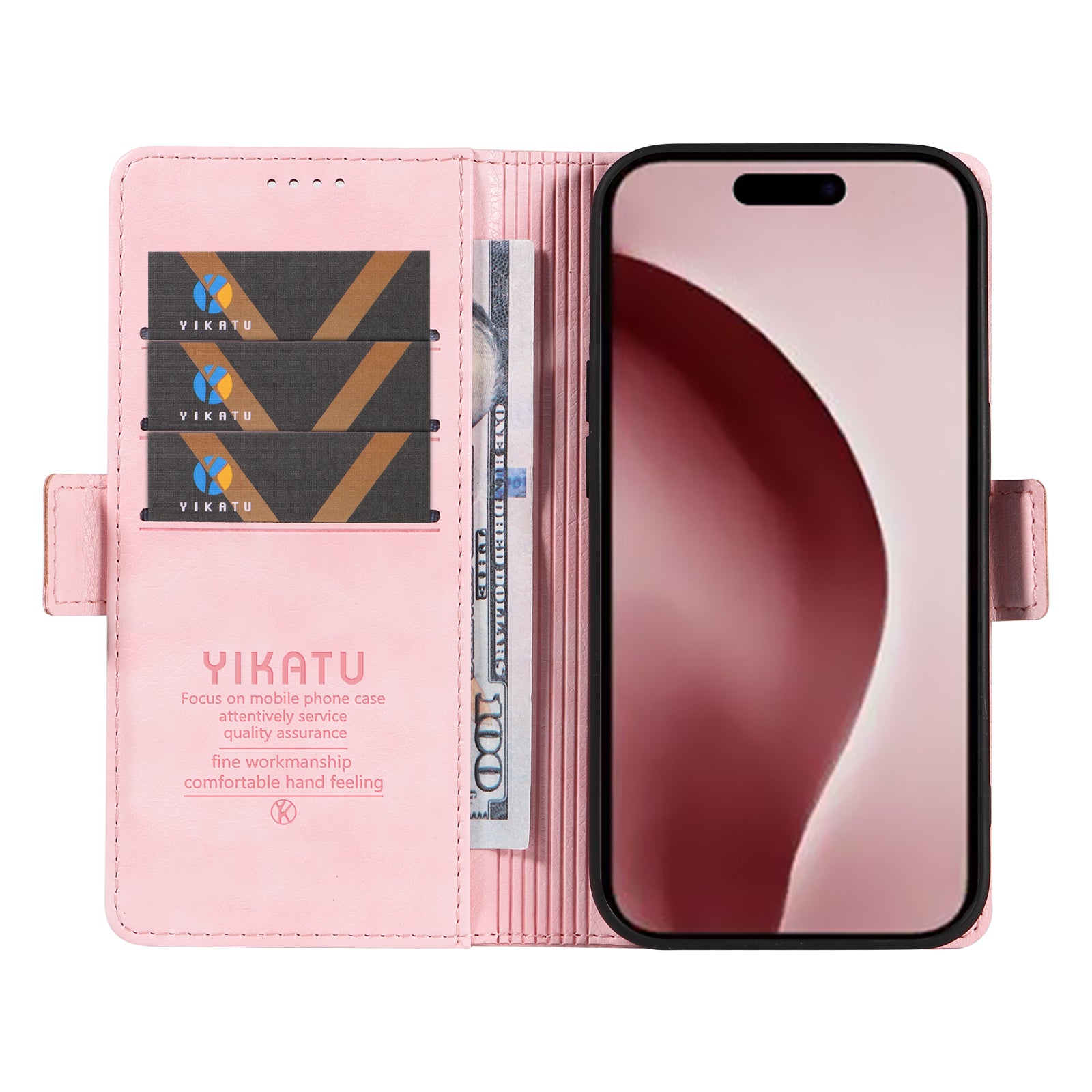 YIKATU YK-007 For iPhone 16 Pro Case Litchi Texture Leather Wallet Phone Cover Side Magnetic Clasp - Pink