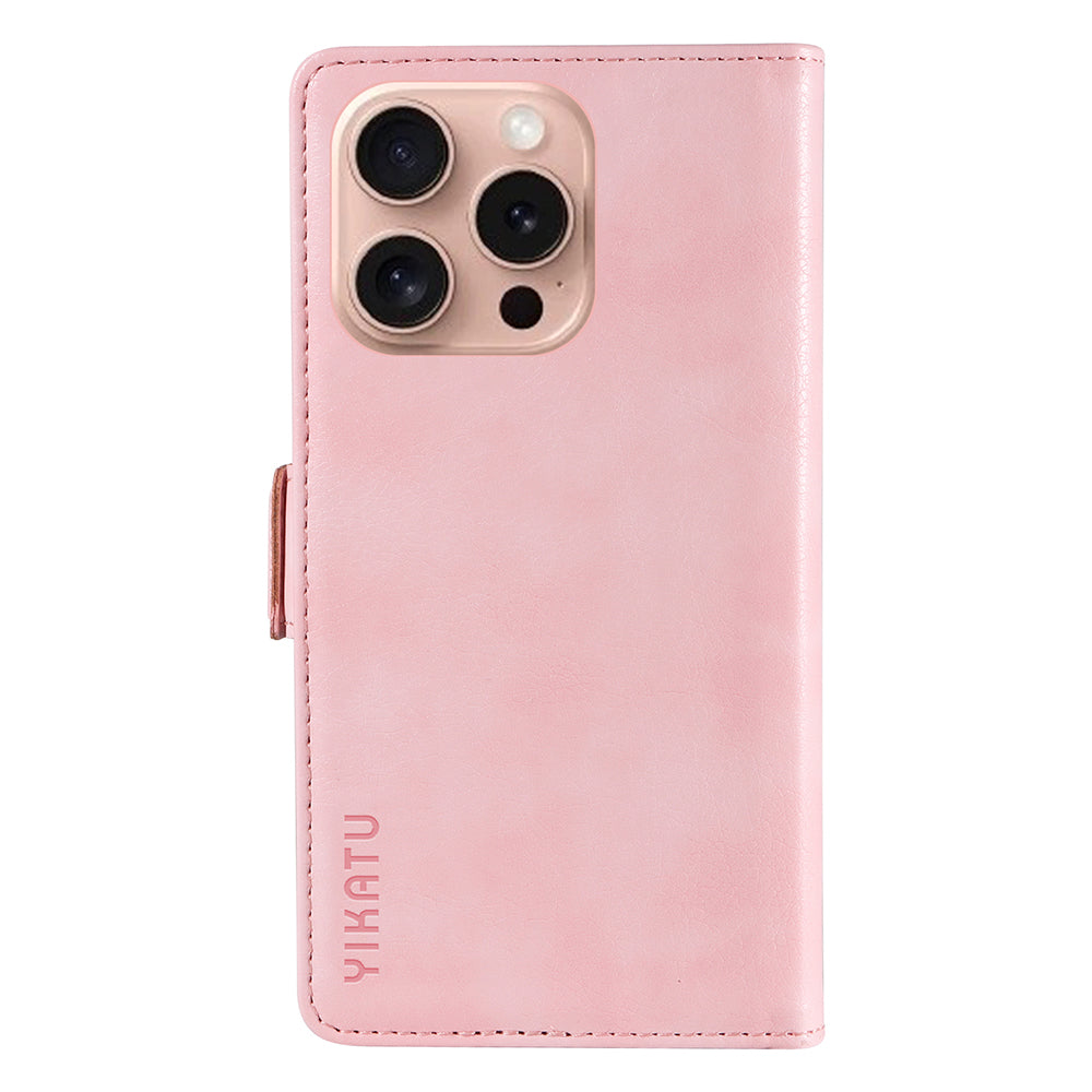 YIKATU YK-007 For iPhone 16 Pro Case Litchi Texture Leather Wallet Phone Cover Side Magnetic Clasp - Pink