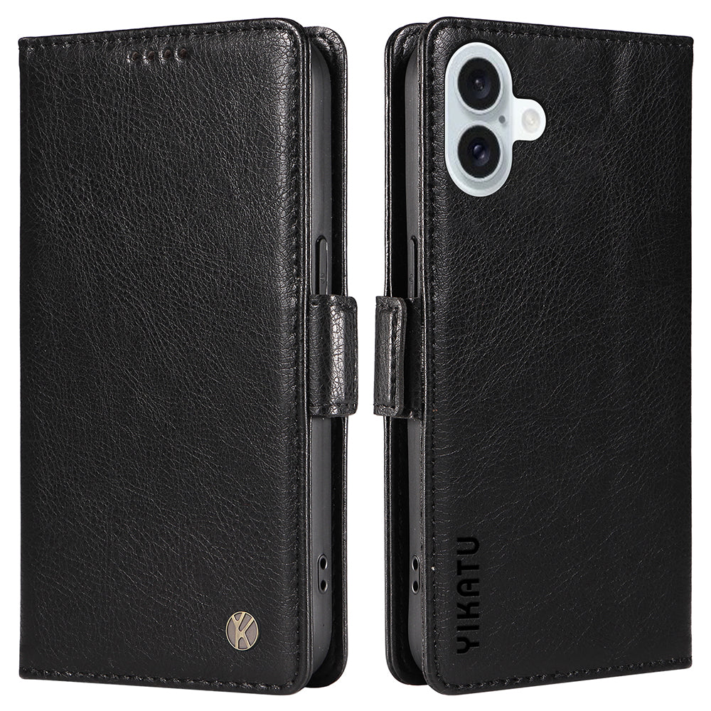 YIKATU YK-007 For iPhone 16 Plus Case Litchi Texture Wallet PU Leather Flip Phone Cover - Black