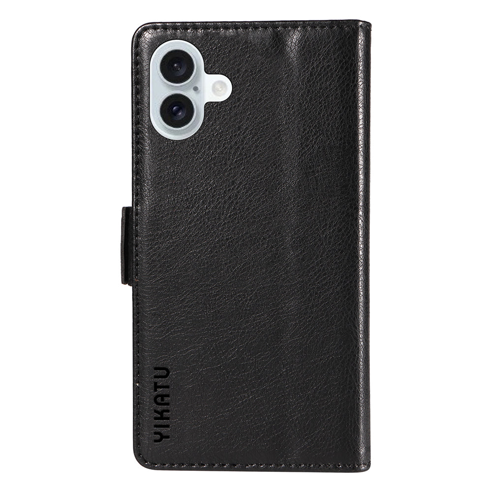 YIKATU YK-007 For iPhone 16 Plus Case Litchi Texture Wallet PU Leather Flip Phone Cover - Black