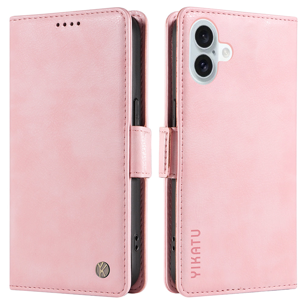 YIKATU YK-007 For iPhone 16 Plus Case Litchi Texture Wallet PU Leather Flip Phone Cover - Pink