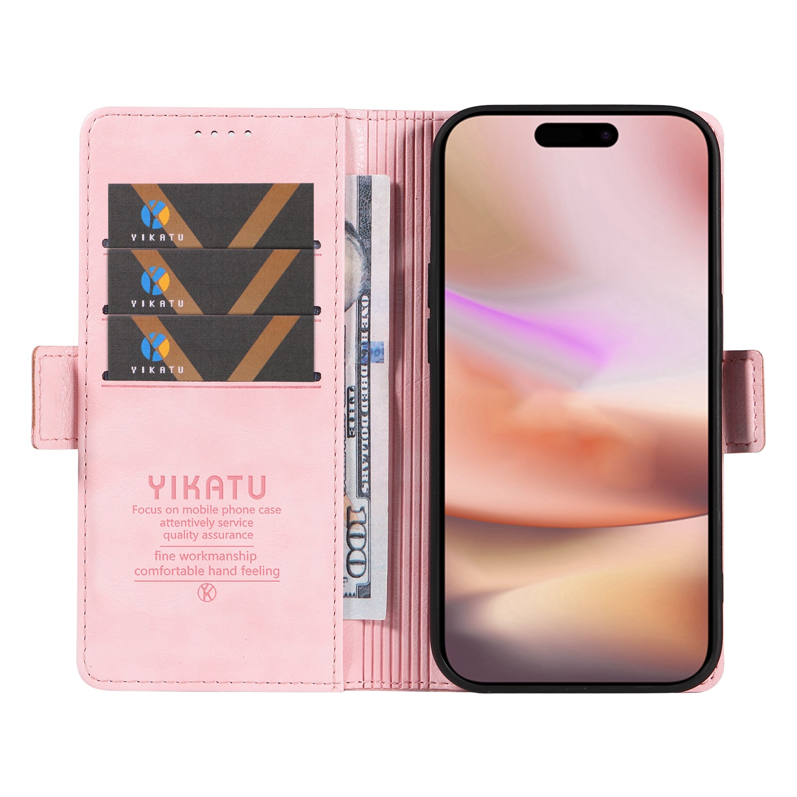 YIKATU YK-007 For iPhone 16 Plus Case Litchi Texture Wallet PU Leather Flip Phone Cover - Pink