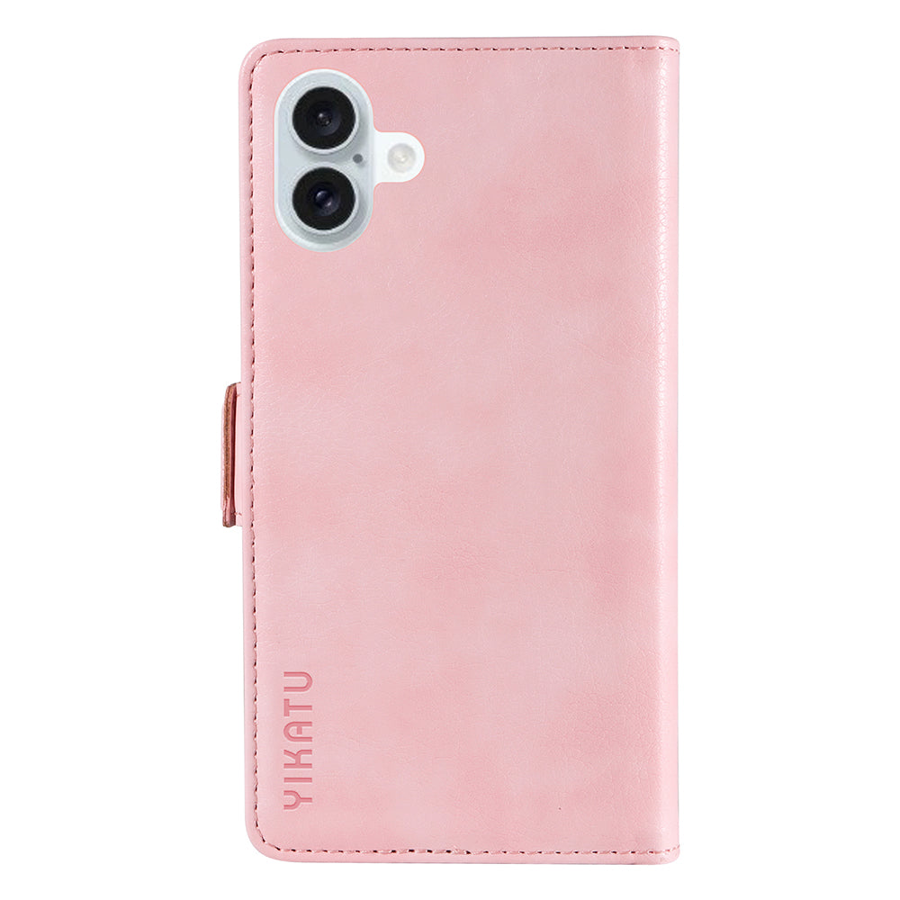 YIKATU YK-007 For iPhone 16 Plus Case Litchi Texture Wallet PU Leather Flip Phone Cover - Pink