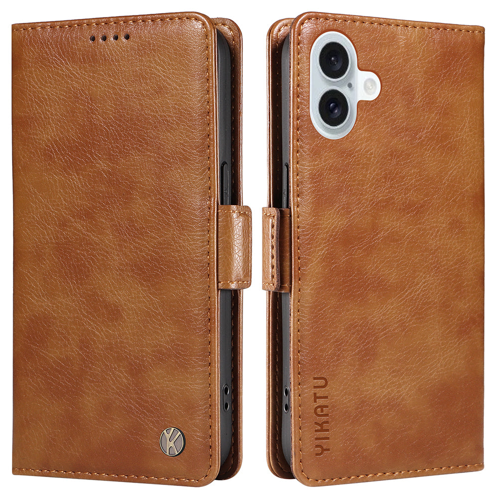 YIKATU YK-007 For iPhone 16 Plus Case Litchi Texture Wallet PU Leather Flip Phone Cover - Brown