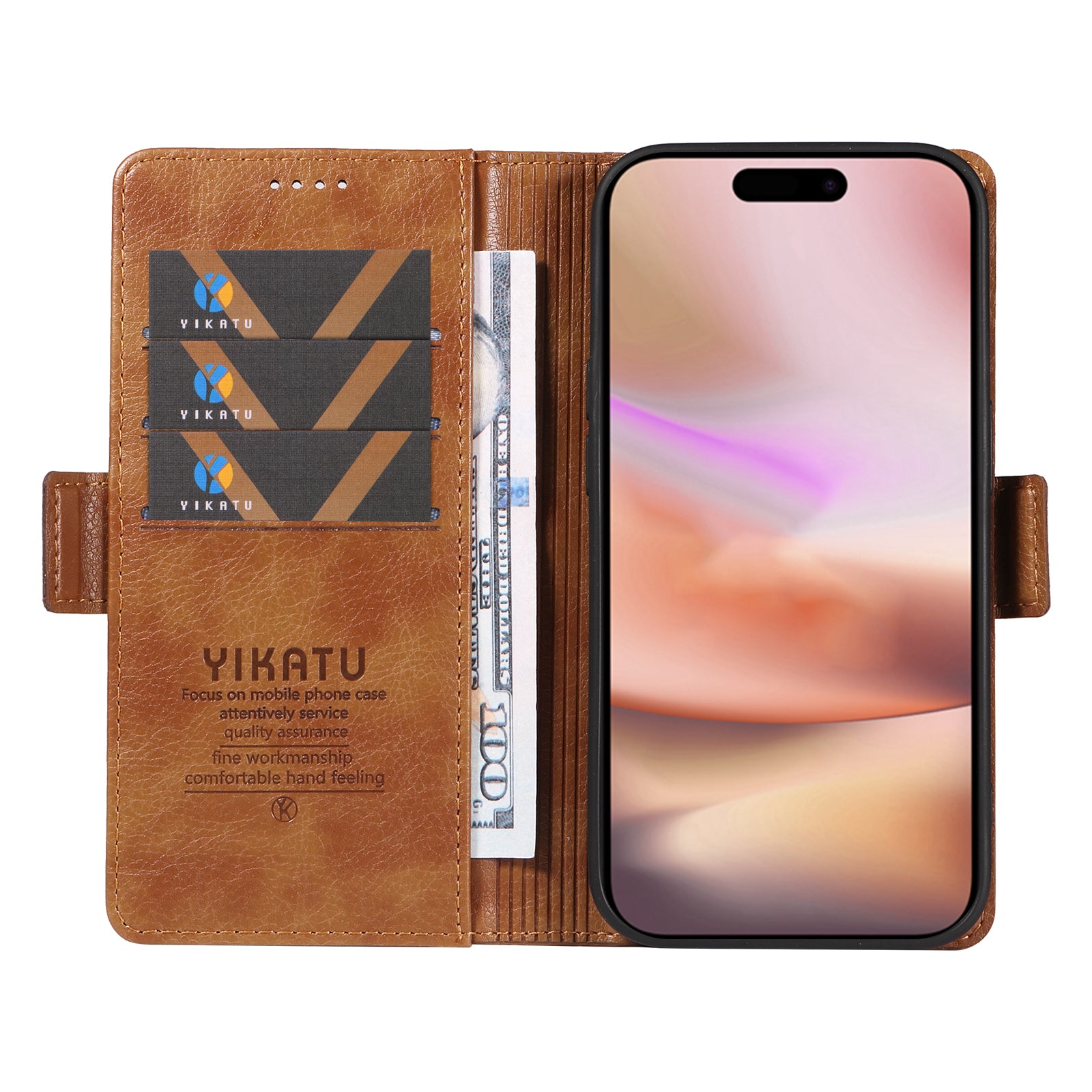 YIKATU YK-007 For iPhone 16 Plus Case Litchi Texture Wallet PU Leather Flip Phone Cover - Brown