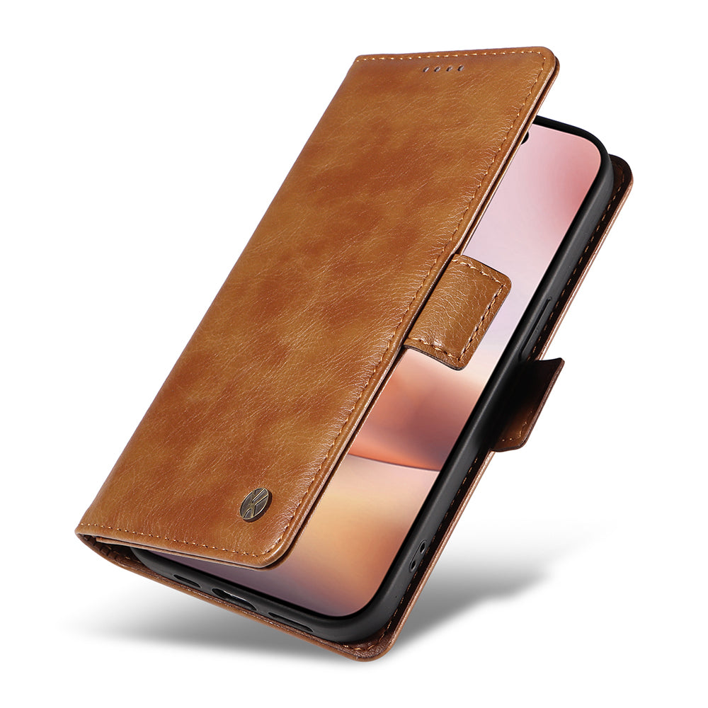 YIKATU YK-007 For iPhone 16 Plus Case Litchi Texture Wallet PU Leather Flip Phone Cover - Brown