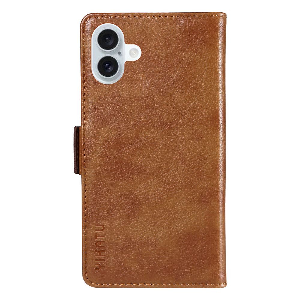 YIKATU YK-007 For iPhone 16 Plus Case Litchi Texture Wallet PU Leather Flip Phone Cover - Brown