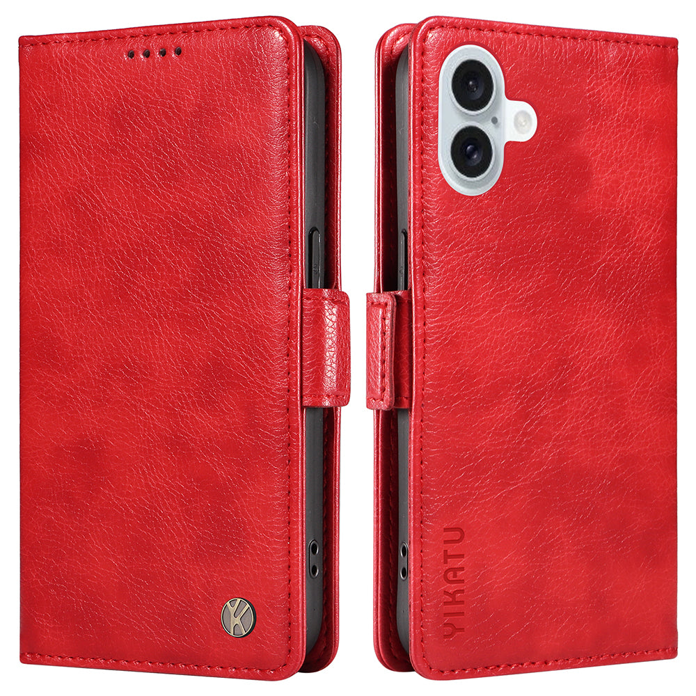 YIKATU YK-007 For iPhone 16 Plus Case Litchi Texture Wallet PU Leather Flip Phone Cover - Red