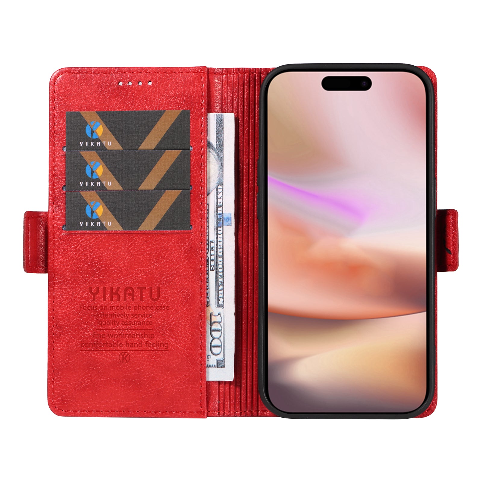 YIKATU YK-007 For iPhone 16 Plus Case Litchi Texture Wallet PU Leather Flip Phone Cover - Red