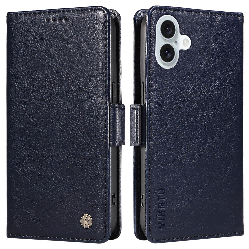 YIKATU YK-007 For iPhone 16 Plus Case Litchi Texture Wallet PU Leather Flip Phone Cover - Navy Blue