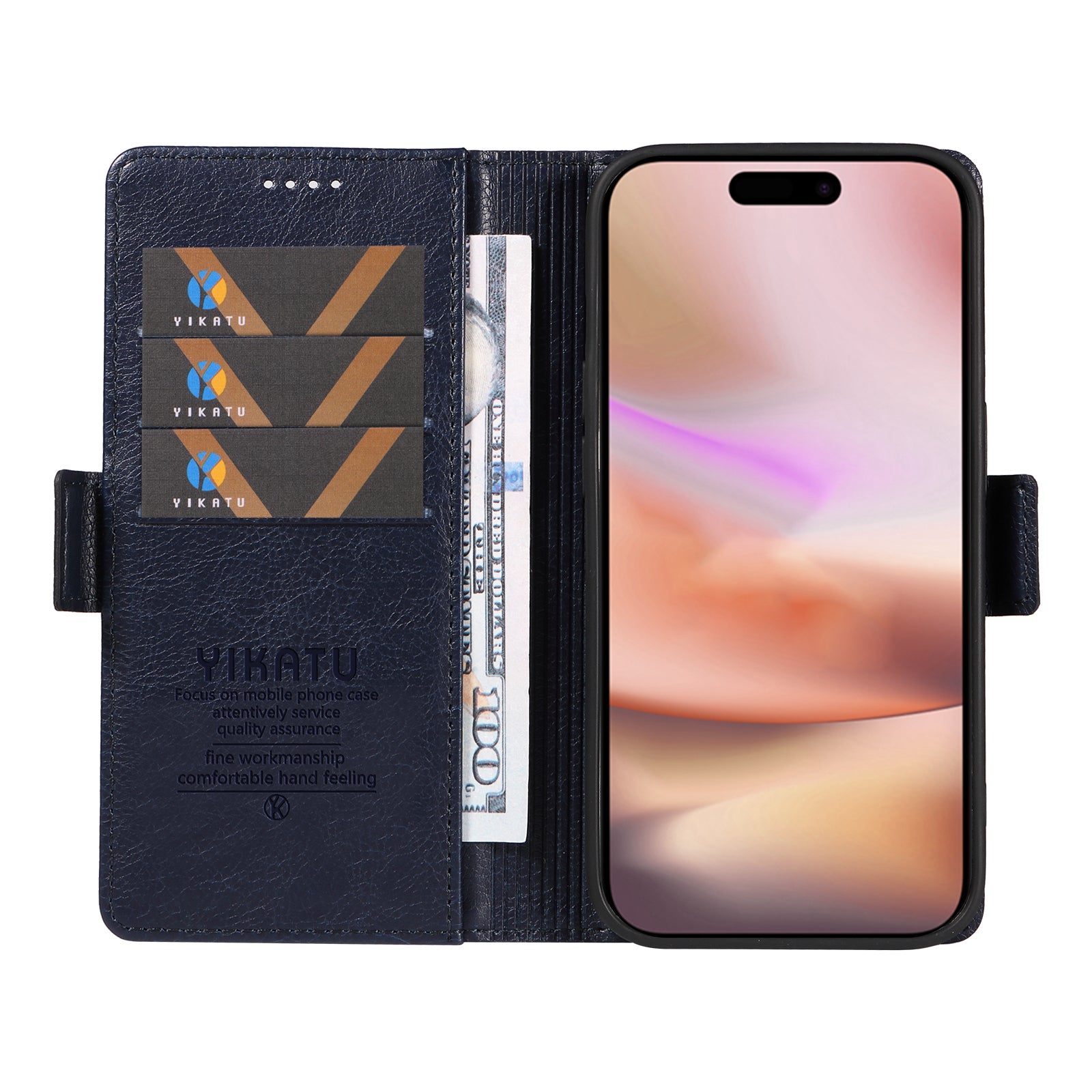 YIKATU YK-007 For iPhone 16 Plus Case Litchi Texture Wallet PU Leather Flip Phone Cover - Navy Blue