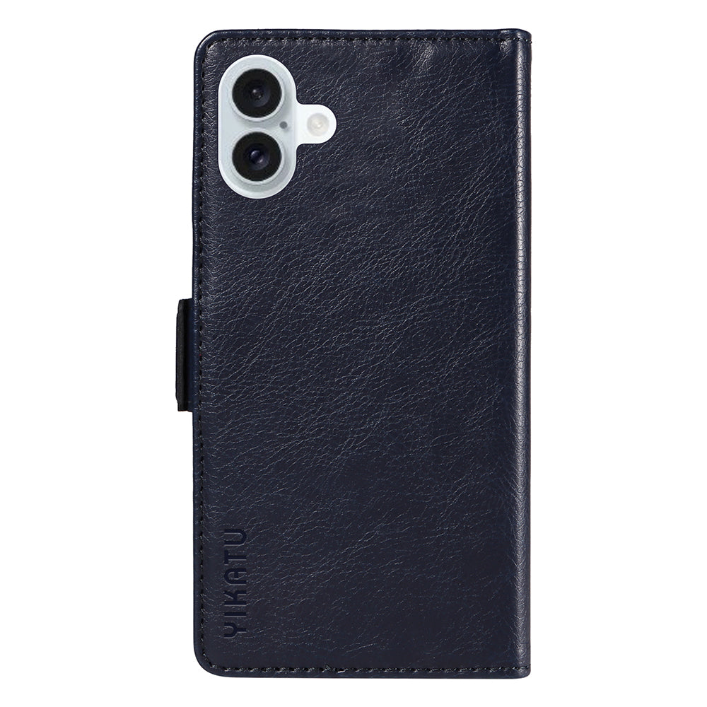 YIKATU YK-007 For iPhone 16 Plus Case Litchi Texture Wallet PU Leather Flip Phone Cover - Navy Blue