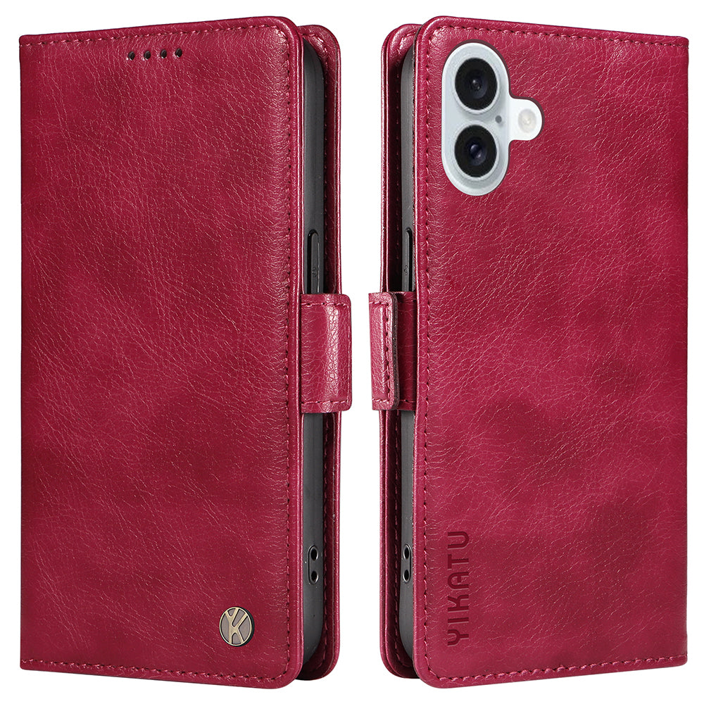 YIKATU YK-007 For iPhone 16 Plus Case Litchi Texture Wallet PU Leather Flip Phone Cover - Wine Red