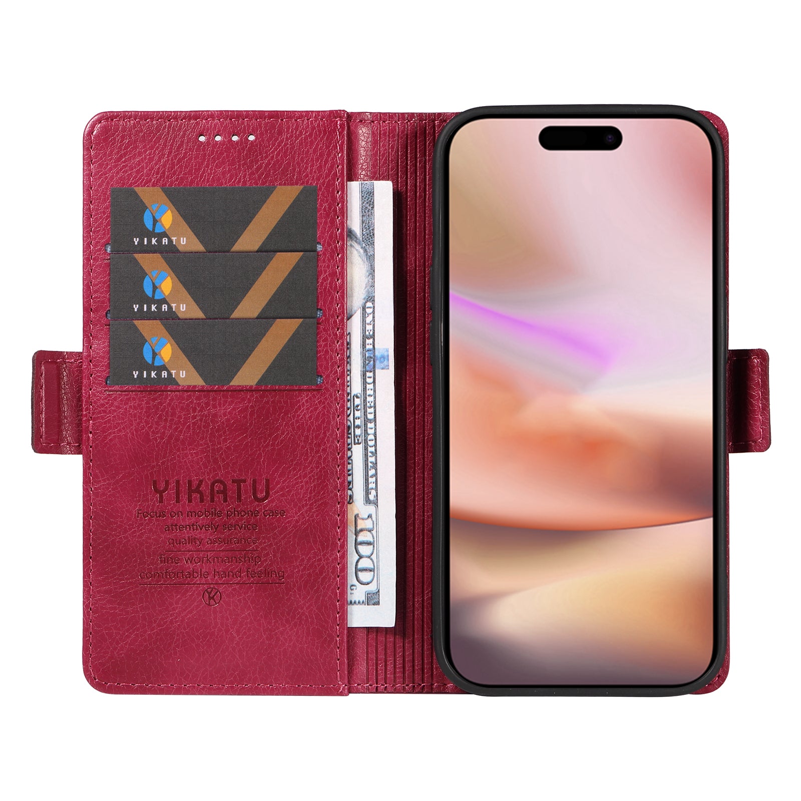 YIKATU YK-007 For iPhone 16 Plus Case Litchi Texture Wallet PU Leather Flip Phone Cover - Wine Red