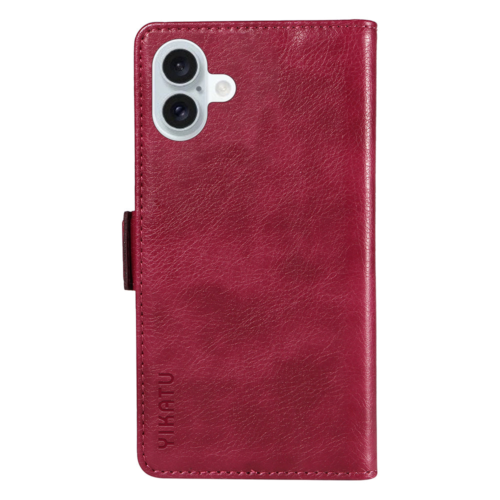 YIKATU YK-007 For iPhone 16 Plus Case Litchi Texture Wallet PU Leather Flip Phone Cover - Wine Red