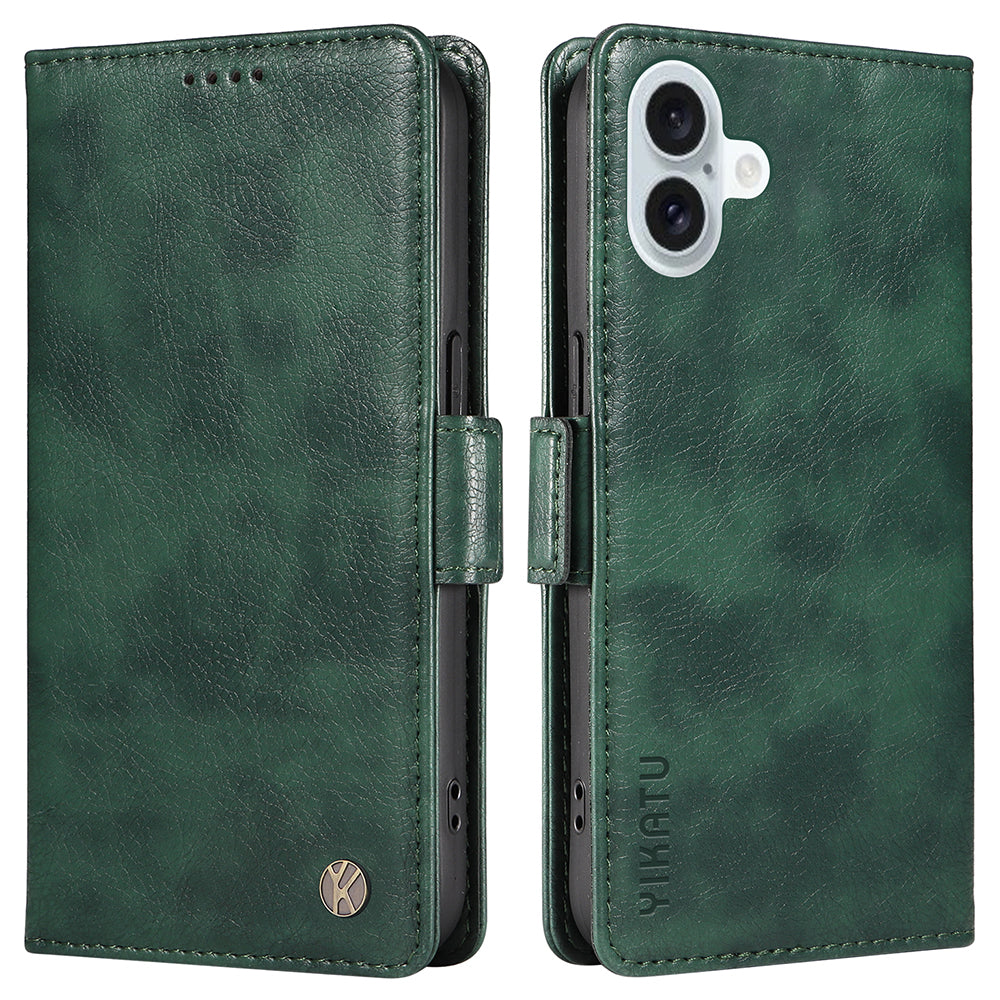 YIKATU YK-007 For iPhone 16 Plus Case Litchi Texture Wallet PU Leather Flip Phone Cover - Green