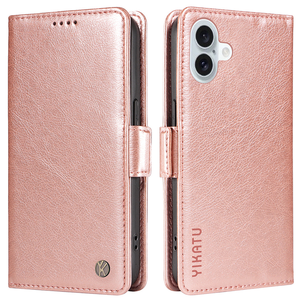 YIKATU YK-007 For iPhone 16 Plus Case Litchi Texture Wallet PU Leather Flip Phone Cover - Rose Gold