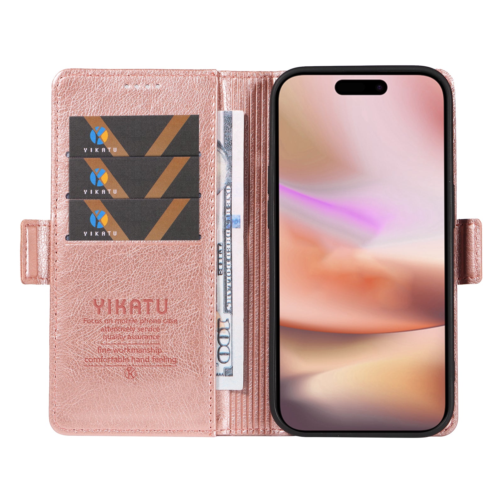 YIKATU YK-007 For iPhone 16 Plus Case Litchi Texture Wallet PU Leather Flip Phone Cover - Rose Gold